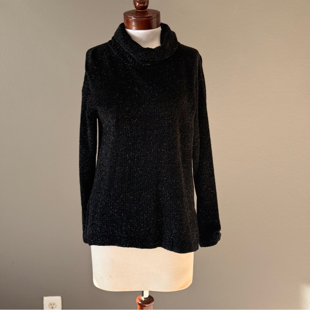 St. John Turtleneck Long Sleeve Pullover Sweater Black Glitter Sparkle Sz S Wool